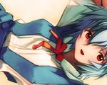  :d ayanami_rei bangs blue_hair breasts collared_shirt hair_between_eyes head_tilt kobayashi_yuuji looking_at_viewer medium_breasts neon_genesis_evangelion open_mouth red_eyes red_neckwear red_ribbon ribbon school_uniform shirt short_hair short_sleeves sideways smile solo upper_body white_background white_shirt 