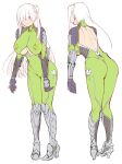  1girl 2023 ass back bare_back bodysuit breasts cleavage cleavage_cutout clothing_cutout concept_art covered_navel curvy full_body hair_over_eyes hair_over_one_eye high_heels huge_breasts ichimonji_miiko large_breasts lilith-soft long_hair official_art purple_eyes reference_sheet shiny_clothes shiny_skin side_ponytail simple_background sketch skin_tight slouching solo sweat sword taimanin_(series) taimanin_rpgx taimanin_suit thigh_gap underboob underboob_cutout very_long_hair weapon wide_hips zol 