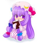  blush book bow chibi crescent hair_ribbon hat long_hair maki_(maki88) patchouli_knowledge pink_bow purple_eyes purple_hair ribbon solo touhou 