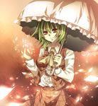  ascot bad_id bad_pixiv_id breasts green_hair kazami_yuuka medium_breasts parasol petals plaid plaid_skirt plaid_vest red_eyes short_hair skirt skirt_set smile solo touhou tsukioka_tsukiho umbrella vest 