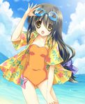  beach black_hair brown_eyes clannad day goggles ibuki_fuuko long_hair one-piece_swimsuit open_clothes open_shirt paco shirt solo starfish swimsuit 