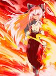  fire fujiwara_no_mokou hand_on_hip long_hair red red_eyes ribbon silver_hair smile solo suspenders teoshiguruma touhou 