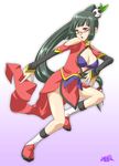  black_hair blazblue breasts china_dress chinese_clothes cleavage_cutout dress kalno lao_jiu large_breasts litchi_faye_ling long_hair panda ponytail purple_eyes solo 