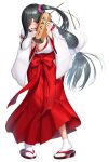  1girl 2023 black_hair breasts cleavage embarrassed freckles hair_over_one_eye highres huge_breasts ichimonji_miiko japanese_clothes large_breasts lilith-soft long_hair long_sleeves looking_at_viewer miko official_art open_clothes open_mouth purple_eyes sandals shy side_ponytail socks solo standing taimanin_(series) taimanin_rpgx white_socks zol 