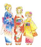  blonde_hair blue_eyes celes_chere closed_eyes final_fantasy final_fantasy_vi green_hair hair_ribbon hair_up japanese_clothes kimono multiple_girls open_mouth relm_arrowny ribbon sandals short_hair smile terryterry tina_branford 