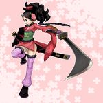  black_hair brown_eyes comb floral_print flower gauntlets hair_flower hair_ornament highres holding holding_sword holding_weapon japanese_clothes katana kimono left-handed masn_(moxi) momohime oboro_muramasa outstretched_arm panties pantyshot perspective sandals scabbard sheath short_kimono solo sword thighhighs underwear unsheathed weapon 
