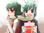  antennae bad_id bad_pixiv_id blush gift green_eyes green_hair happy holding holding_gift kazami_yuuka multiple_girls nakedgeneral plaid plaid_vest red_eyes scarf shared_scarf touhou vest wriggle_nightbug 