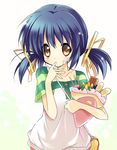  blue_hair brown_eyes casual child clannad crepe food food_on_face hair_ribbon paco ribbon short_hair solo sunohara_mei twintails 