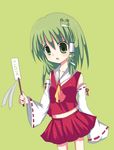  cosplay detached_sleeves frog_hair_ornament green_eyes green_hair hair_ornament hakurei_reimu hakurei_reimu_(cosplay) kochiya_sanae kogawa miniskirt red_skirt skirt solo touhou 