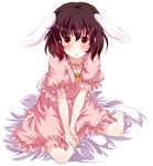  animal_ears bad_id bad_pixiv_id bed_sheet black_hair bunny_ears carrot carrot_necklace dress hands_together inaba_tewi open_mouth pink_dress red_eyes short_hair sitting socks solo touhou yatomi 