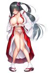  1girl 2023 black_hair breasts cleavage clothes_lift dress dress_lift embarrassed freckles fundoshi hair_over_one_eye highres huge_breasts ichimonji_miiko japanese_clothes large_breasts lilith-soft long_hair long_skirt long_sleeves looking_at_viewer miko nipples official_art open_clothes open_mouth purple_eyes pussy_juice sandals shy side_ponytail skirt skirt_lift socks solo standing taimanin_(series) taimanin_rpgx teeth wet wet_clothes wet_fundoshi white_socks zol 