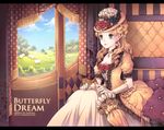  animal bad_id bad_pixiv_id blonde_hair blue_eyes breasts carriage cleavage curly_hair dress flock flower frills gloves gown grazing_(livestock) hat jewelry lipstick long_hair makeup medium_breasts nardack original parasol pearl pillow rose sheep solo umbrella vehicle_interior victorian window 