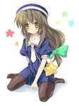  :&lt; bag bow brown_eyes brown_hair clannad cosplay dress hair_bow handbag hat ibuki_fuuko long_hair okazaki_ushio okazaki_ushio_(cosplay) paco pantyhose sailor_dress school_uniform solo starfish 