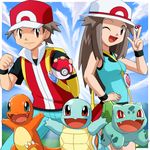  1girl backpack bag blue_(pokemon) bulbasaur charmander gen_1_pokemon hat holding holding_poke_ball lowres one_eye_closed poke_ball poke_ball_(generic) pokemoa pokemon pokemon_(creature) pokemon_(game) pokemon_frlg porkpie_hat red_(pokemon) red_(pokemon_frlg) squirtle vs_seeker 