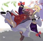  bad_id bad_pixiv_id blonde_hair brown_hair detached_sleeves elbow_gloves gap glomp gloves gumoyu hakurei_reimu hat hug japanese_clothes long_hair multiple_girls ribbon short_hair touhou umbrella yakumo_yukari yellow_eyes 