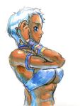  abs armlet bangle bikini blue_eyes bracelet breasts cleavage dark_skin elena_(street_fighter) hand_in_hair highres jewelry large_breasts moukin_punch neck_ring short_hair sideboob solo street_fighter street_fighter_iii_(series) swimsuit underboob upper_body white_hair 