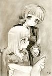 apron bad_id bad_pixiv_id braid glasses kisetsu lynette_bishop monochrome multiple_girls perrine_h_clostermann reading sepia sketch strike_witches tea traditional_media world_witches_series 