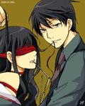  1girl bad_id bad_pixiv_id bare_shoulders bdsm black_hair blindfold bondage bound brother_and_sister glasses itoshiki_mikoto itoshiki_rin jacket long_hair lowres messy_hair milcho mouth_hold necktie red_blindfold ribbon sayonara_zetsubou_sensei siblings 