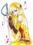  blonde_hair blue_eyes celes_chere detached_sleeves final_fantasy final_fantasy_vi long_hair lowres petals solo sword very_long_hair weapon yuyu 