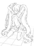  absurdres armpits boots detached_sleeves ginta greyscale hatsune_miku highres kneeling lineart long_hair monochrome navel perspective skirt solo thigh_boots thighhighs twintails very_long_hair vocaloid zettai_ryouiki 