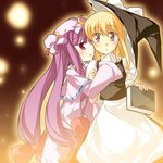  blonde_hair book chin_grab crescent hat hat_removed headwear_removed kirisame_marisa kiss long_hair multiple_girls nu_(plastic_eraser) patchouli_knowledge purple_eyes purple_hair saliva saliva_trail surprised touhou witch_hat yellow_eyes yuri 