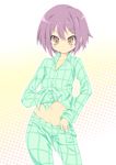  blush brown_eyes ichijou_hitoshi nagato_yuki pajamas purple_hair short_hair solo suzumiya_haruhi_no_yuuutsu 