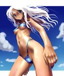  bikini blue_eyes blue_nails breasts cowboy_shot dark_skin day from_below katahira_masashi long_hair medium_breasts micro_bikini nail_polish original solo swimsuit tan underboob white_hair 