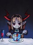  alcohol bad_id bad_pixiv_id blonde_hair blood child chingisu copyright_request demon earth eating fangs fork hairband holding holding_fork horns knife long_hair plate pointy_ears red_eyes sitting solo wine 