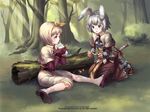  acolyte animal_ears armor bandages belt blonde_hair blood blue_eyes brown_eyes bunny_ears comet_(teamon) drinking first_aid forest gloves grass hairband injury kneeling log mary_janes milk multiple_girls mushroom nature outdoors ragnarok_online ribbon shade shoes short_hair sitting sunlight sword swordsman_(ragnarok_online) tree weapon white_hair wristband 