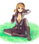  alternate_costume bad_id bad_pixiv_id blonde_hair blue_eyes bodysuit breasts cleavage collar gloves hairband medium_breasts natalia_luzu_kimlasca_lanvaldear ryman short_hair sitting tales_of_(series) tales_of_the_abyss 