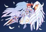  1girl armor armored_dress brown_hair dress feathers full_body gundam gundam_wing hibun_tsukasa highres long_hair lyrical_nanoha magical_girl mahou_shoujo_lyrical_nanoha mecha_musume mechanical_wings purple_eyes raising_heart side_ponytail solo takamachi_nanoha very_long_hair white_dress wing_gundam_zero_custom wings 