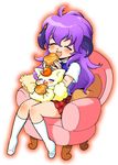  ami_(hira_ami) bad_id bad_pixiv_id blush bread chair closed_eyes coco_(yes!_precure_5) cream_puff crossover easy_chair eating food full_body hanyuu higurashi_no_naku_koro_ni horns long_hair open_mouth pastry pleated_skirt precure purple_hair red_skirt simple_background sitting skirt socks solo white_background yes!_precure_5 