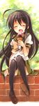  ahoge black_hair black_legwear bow brick_wall closed_eyes eating food happy ice_cream long_hair marker_(medium) millipen_(medium) open_mouth ribbon school_uniform shakugan_no_shana shana sitting solo tachitsu_teto thighhighs traditional_media zettai_ryouiki 