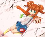  brown_hair cherry_blossoms dutch_angle idolmaster idolmaster_(classic) idolmaster_sp kneehighs outstretched_arms petals petite raglan_sleeves shoes socks solo spread_arms suspenders takatsuki_yayoi ttomm twintails 