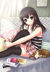  bad_id bad_pixiv_id black_hair black_legwear braid brown_eyes cat couch digital_media_player long_hair mafuyu original pillow plaid plaid_skirt skirt solo thighhighs zettai_ryouiki 