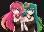  anjixe aqua_eyes aqua_hair blue_eyes breasts cleavage dress flower gradient_hair hairband hatsune_miku holding_hands long_hair medium_breasts megurine_luka microphone multicolored_hair multiple_girls pink_hair twintails vocaloid 