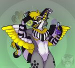 absurd_res anthro avian digital_media_(artwork) gryphon hi_res insane male marvelous_managerie mythological_avian mythological_creature mythology open_mouth potion_bottle simple_background solo tail wings