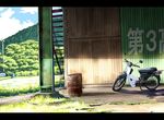  bad_pixiv_id building ground_vehicle honda honda_super_cub inumaru_(sougen_no_marogoya) motor_vehicle motorcycle mountain no_humans original scenery tree 