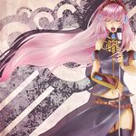  armband bad_id bad_pixiv_id bare_shoulders closed_eyes headphones long_hair megurine_luka microphone microphone_stand music pink_hair rioko singing solo thighhighs vocaloid wristband 