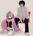  1girl animal_ears black_hair cat_ears chain code_geass collar euphemia_li_britannia incest kneehighs kurimomo leash lelouch_lamperouge lingerie pink_hair purple_eyes socks tail underwear 