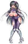 1girl 2022 black_hair bodysuit breasts bruise cleavage cleavage_cutout clothing_cutout covered_navel curvy double_v full_body hair_over_eyes hair_over_one_eye high_heels highres huge_breasts ichimonji_miiko injury large_breasts lilith-soft long_hair nipples official_art open_mouth purple_eyes pussy_juice pussy_juice_stain shiny_clothes shiny_skin side_ponytail simple_background skin_tight solo sweat sword taimanin_(series) taimanin_rpgx taimanin_suit thigh_gap tongue tongue_out torn_bodysuit torn_clothes underboob underboob_cutout v very_long_hair weapon wide_hips zol 
