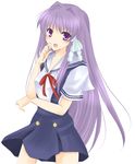  clannad finger_to_face fujibayashi_kyou hikarizaka_private_high_school_uniform long_hair muzuki_hikari open_mouth purple_eyes purple_hair school_uniform solo very_long_hair 