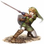  blue_eyes gloves hat holding holding_sword holding_weapon left-handed link male_focus master_sword pointy_ears ponky shield solo sword the_legend_of_zelda weapon 