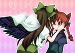  animal_ears braid brown_hair cat_ears hair_ribbon kaenbyou_rin multiple_girls red_eyes red_hair reiuji_utsuho ribbon satoimoya touhou twin_braids wings 