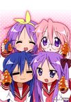  =_= ahoge blue_hair chocolate_cornet closed_eyes food glasses hair_ribbon highres hiiragi_kagami hiiragi_tsukasa izumi_konata long_hair lucky_star mole mole_under_eye multiple_girls non-web_source pink_hair pink_neckwear purple_eyes purple_hair ribbon ryouou_school_uniform school_uniform serafuku short_hair takara_miyuki twintails 