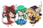  bad_id bad_pixiv_id blonde_hair bow brown_hair chibi detached_sleeves frog green_eyes green_hair hair_bow hakurei_reimu hat japanese_clothes kamiya_zuzu kirisame_marisa kochiya_sanae long_hair multiple_girls one_eye_closed snake sneezing snot tears touhou translation_request undefined_fantastic_object wavy_mouth witch_hat yellow_eyes 