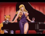  alcohol alternate_costume animal_ears azuki_osamitsu blonde_hair breasts center_opening cleavage commentary_request contemporary cup curvy dress drink drinking_glass evening_gown formal fox_ears fox_tail gloves grand_piano impossible_clothes impossible_dress instrument large_breasts lipstick long_hair makeup multiple_girls no_hat no_headwear piano side_slit single_glove smile tail touhou white_gloves wine wine_glass yakumo_ran yakumo_yukari 