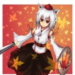  animal_ears cala_(artist) detached_sleeves hat inubashiri_momiji leaf shield silver_hair solo sword tokin_hat touhou weapon wolf_ears 