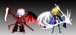  black_pants blazblue blonde_hair blue_footwear boots chibi dark green_eyes heterochromia jin_kisaragi kimidori_(gycw) light male_focus multiple_boys pants ragna_the_bloodedge red_eyes scythe silver_hair sword weapon yukianesa 