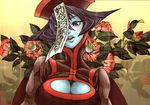  blue_hair blue_skin blush breasts cleavage cleavage_cutout coga flipped_hair flower hat jiangshi large_breasts lei_lei ofuda short_hair solo traditional_media vampire_(game) zombie 